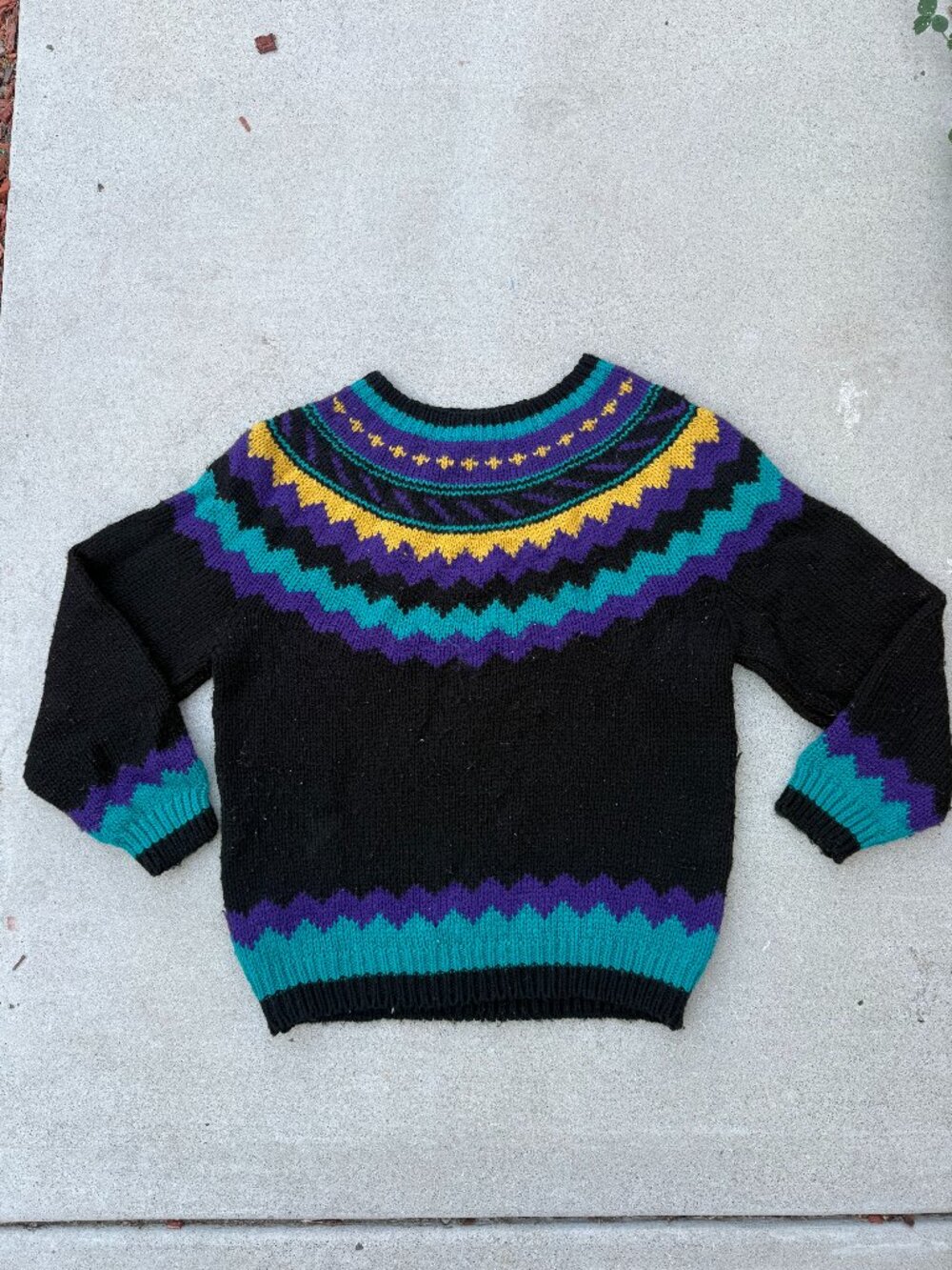 Vintage 90's Forenza Wool Blend Retro Geometric Blue, Purple, Black Knit Sweater